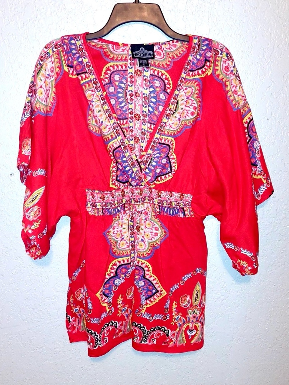 Angie red paisley tunic with bell sleeves